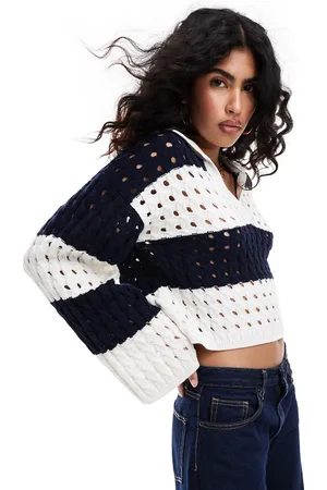 Miss Selfridge Striped open stitch crochet long sleeve polo sweater