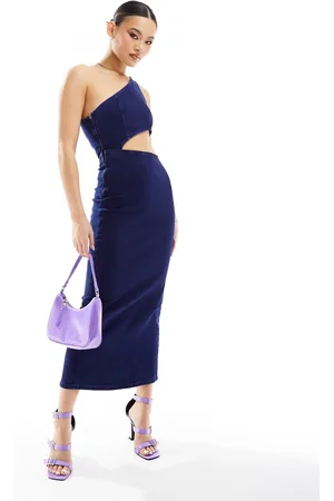 ASOS Denim cut out midi dress with asymmetric neckline in dark wash