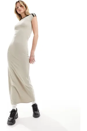 COLLUSION Cap sleeve fitted maxi dress in ecru