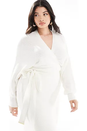 River Island Wrap belted knit midi dress in cream