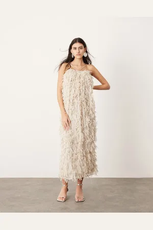 ASOS Textured bandeau midi dress with halterneck detail in stone