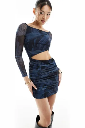 ASOS Mesh cut out long sleeve mini dress with gold trim in abstract navy print
