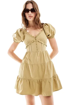 Miss Selfridge Poplin tiered mini tea dress in khaki