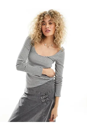 Monki Long sleeve scoop back top in gray melange and black stripe