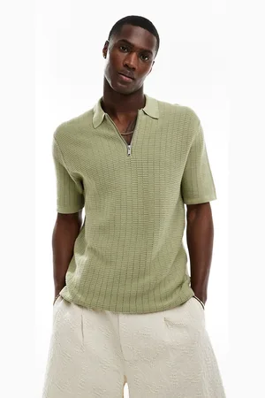 Only & Sons Half zip open knit polo shirt in sage