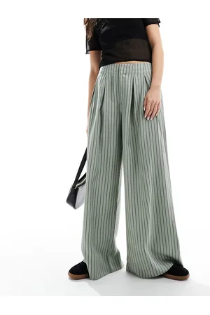 ASOS Wide leg pants with pleat detail in sage stripe