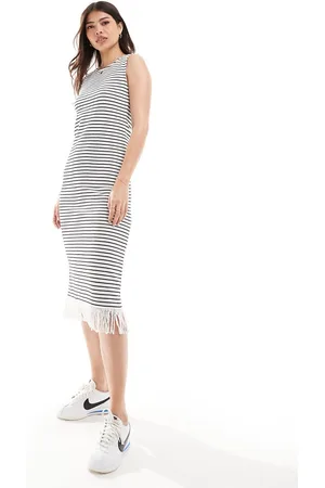 VILA Ribbed midi tank dress with fringed hem in mono stripe