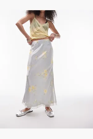 Topshop Satin lace trim midi skirt in gray and yellow rose