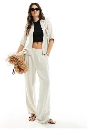 Object Linen blend pants with tie waist in oatmeal - part of a set