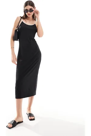 VILA Jersey midi cami dress in black with contrast white tipping