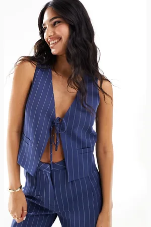 Kaiia Tie front vest in blue pinstripe - part of a set
