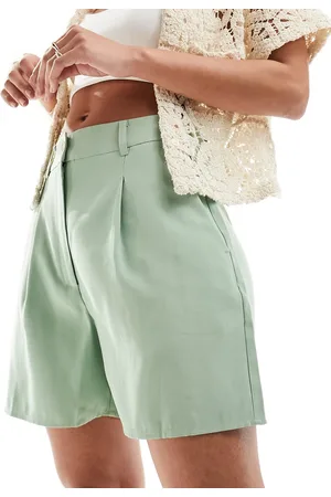 MANGO Linen pintuck shorts in sage