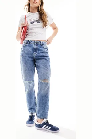 Noisy May Moni high waisted ripped straight leg jeans in mid wash