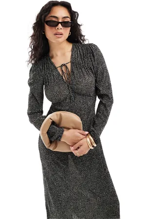 MANGO Tie front spot print midi dress in
