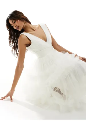 Lace & Beads Ruffle tiered midaxi dress in ivory