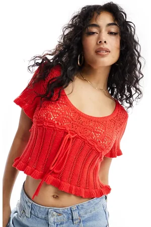 ASOS Knit milkmaid top in open stitch with tie waist in red