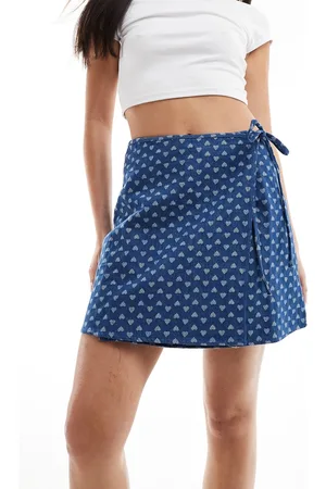 Pieces® Denim wrap skirt in mid with heart print
