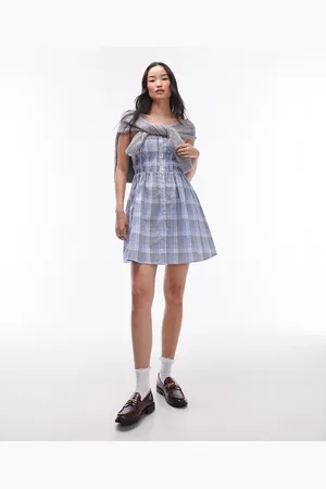 Topshop Seersucker check shirred mini dress in check