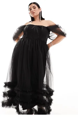Lace & Beads Off shoulder ruffle tulle midaxi dress in