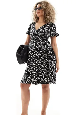 Mama;licious Mamalicious Maternity wrap front midi dress in abstract leopard print