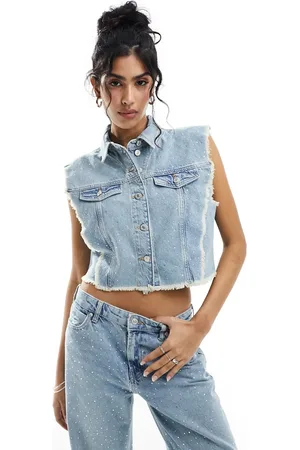 ONLY Cobain frayed rhinestone detail denim suit vest in light - part of a set