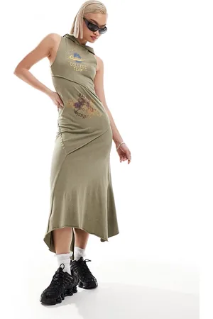 COLLUSION Hooded spliced maxi dress in khaki