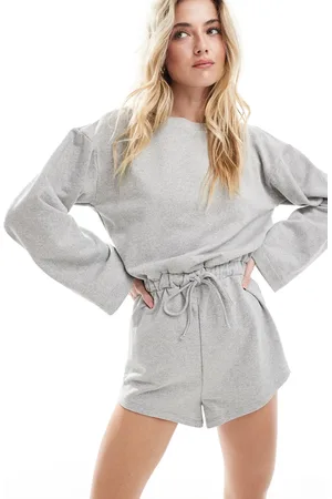 ASOS Long sleeve romper with channel waist and super shorts in gray