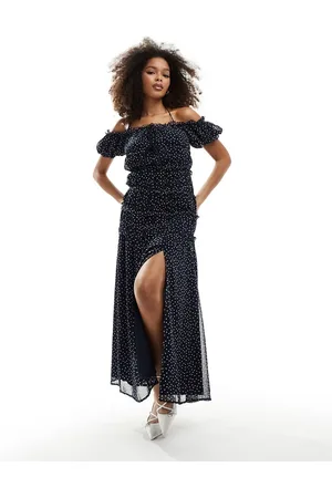 ASOS Off the shoulder ruched waist maxi dress in polka dot
