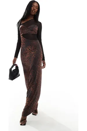 ASOS Long sleeve mesh mix maxi dress with twist bust in animal print