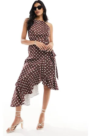 Style Cheat Halter neck cami midi dress with tie waist in brown spot