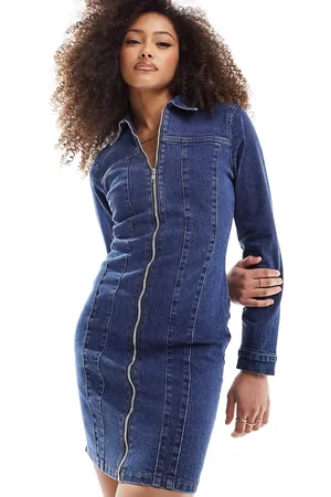 Urban Bliss Seam detail long sleeve denim mini dress in mid wash