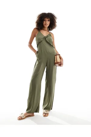 ONLY Strappy frilled wide leg jumpsuit in khaki