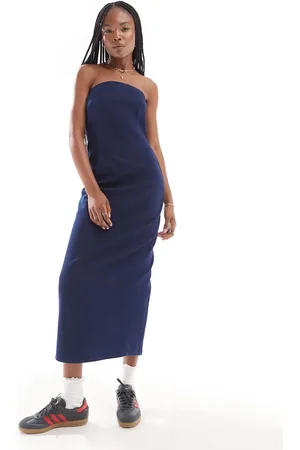 ONLY Fitted bandeau midi denim dress in indigo