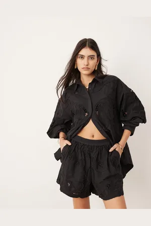 ASOS Eyelet cut work boxy shorts in black - part of a set