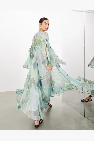 ASOS Long sleeve chiffon maxi dress with gathered detail in blue watercolor print