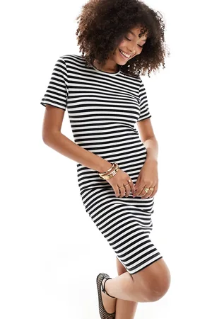 Pieces® Ribbed t-shirt mini dress in black and white stripe