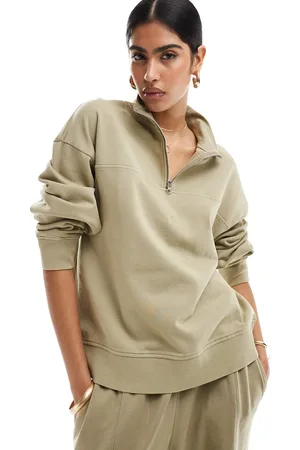 ASOS Oversized half zip sweatshirt in washed khaki