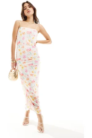 VILA Mesh ruched maxi cami dress in pastel floral print
