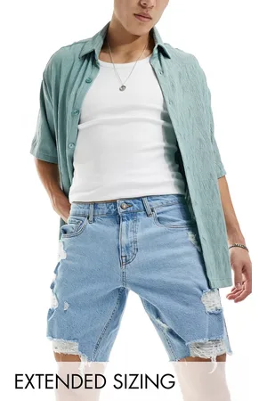 ASOS Long length denim shorts with abrasions in light wash