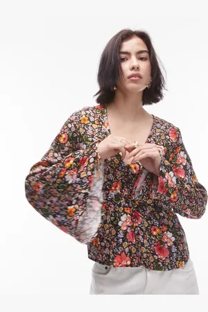 Topshop Jacquard button front flute sleeve blouse in floral