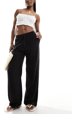 VILA Linen touch tie waist wide leg pants in