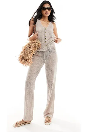 Object Crochet lace tie waist beach pants in cream - part of a set