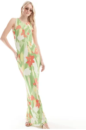 VERO MODA Sleeveless lettuce edge mesh dress in green floral print