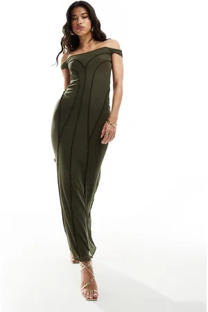 ASOS Bardot maxi dress with contrast exposed seams in khaki