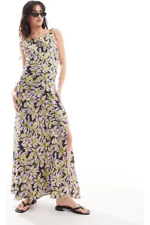 VERO MODA Satin tie shoulder maxi slip dress with seam detail in print