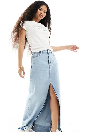 ONLY Denim maxi skirt with frayed hem in