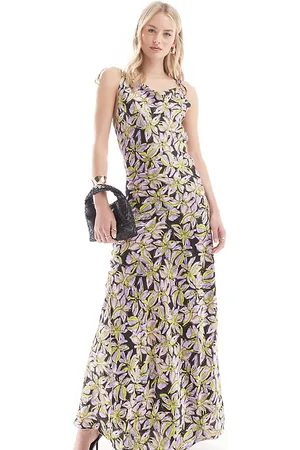 VERO MODA Satin tie shoulder maxi slip dress with seam detail in print