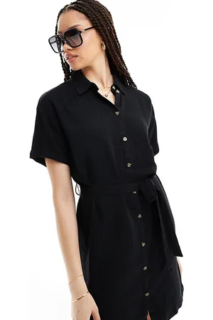 Pieces® Tie waist linen mix mini shirt dress in