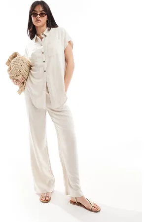 Pieces® Wide leg linen mix pants in cream - part of a set