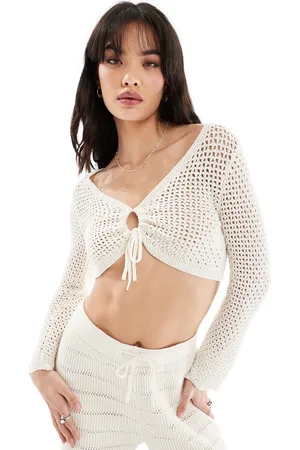 ONLY Crochet tie front cropped top in cream - part of a set